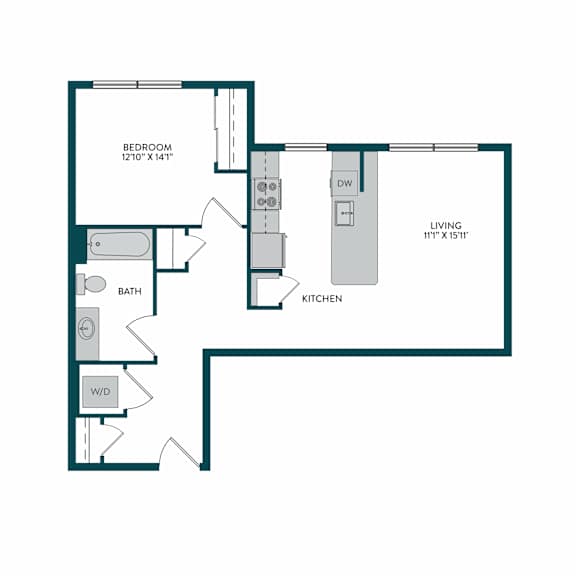 A floor plan of a small apartment with a bedroom, bathroom, living room, and kitchen.