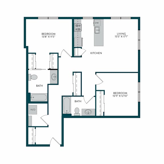 A floor plan of a house with three bedrooms, a living area, a kitchen, and two bathrooms.