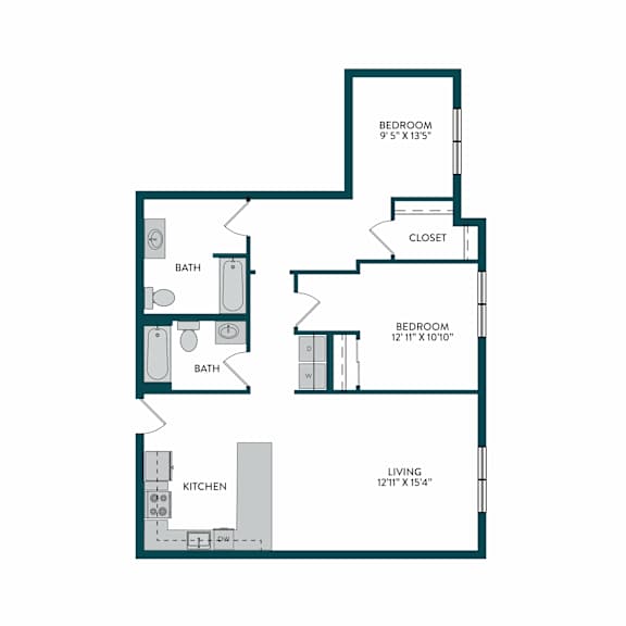 A floor plan of a home with a living room, kitchen, two bathrooms, and two bedrooms.
