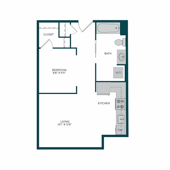 A floor plan of a small apartment with a bedroom, bathroom, kitchen, and living room.