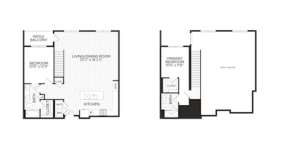 A floor plan of a two-story house with a living area, two bedrooms, a kitchen, and a bathroom.