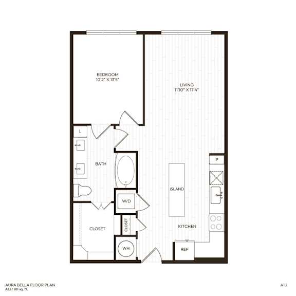 A floor plan of a Aura Bella showing a bedroom, bathroom, kitchen, living room, and closet.