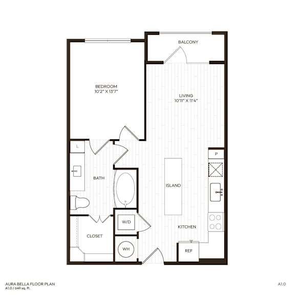 A floor plan of a small apartment with a bedroom, living room, kitchen, and bathroom.