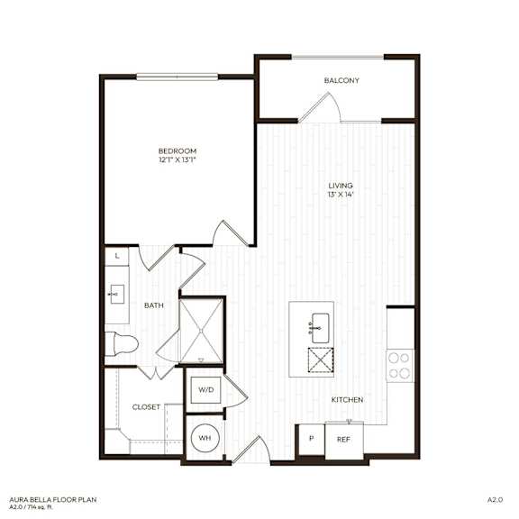 A floor plan of a small apartment with a living room, bedroom, bathroom, kitchen, and closet.