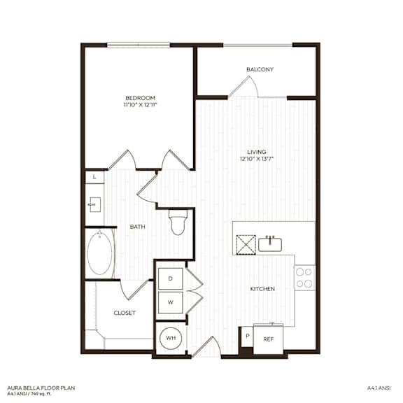 A floor plan of a balcony apartment with a living room, kitchen, bathroom, bedroom and closet.