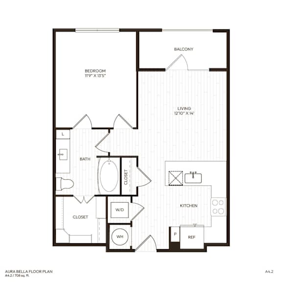 A floor plan of a balcony apartment with a living room, bedroom, bathroom, kitchen, closet, and laundry room.