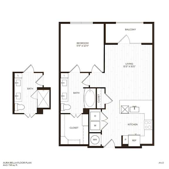 A floor plan of a two-bedroom apartment with a balcony.