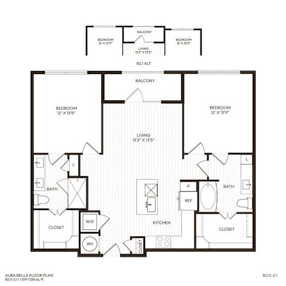 A floor plan of a two-bedroom, two-bathroom apartment.