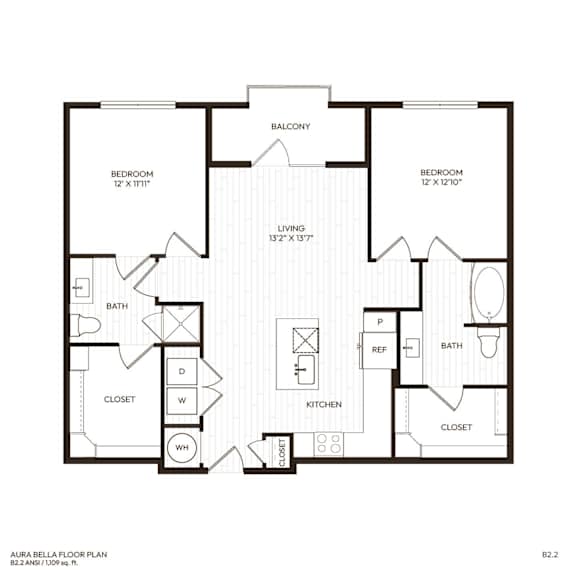 A black and white image of a floor plan for a two bedroom, two bathroom apartment.