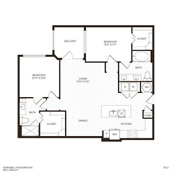 A floor plan of a two bedroom apartment with a balcony.
