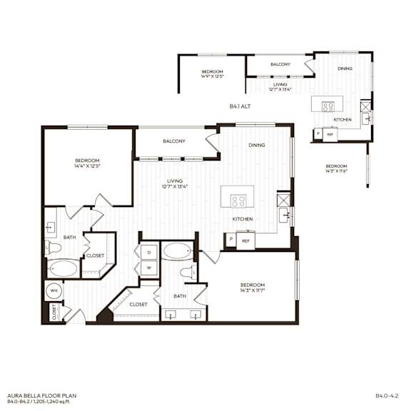 A floor plan of a residential area with labeled rooms such as Bedroom, Bath, Kitchen, Living room, Dining room, and Balcony.