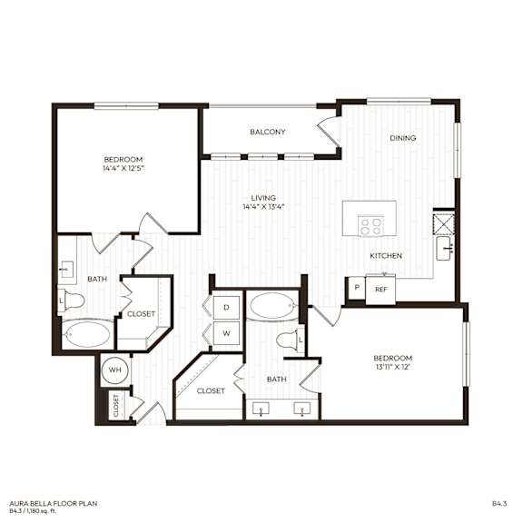 A floor plan of a home with a living room, dining room, kitchen, and three bedrooms.