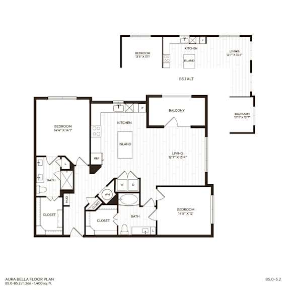 A floor plan of a two-bedroom, two-bathroom apartment.