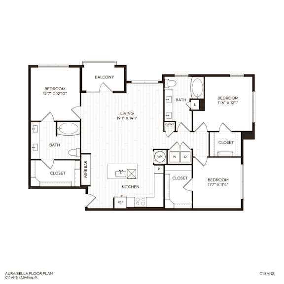 A black and white image of a floor plan for a Aura Bella apartment.