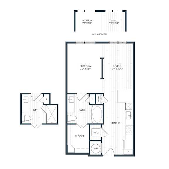 A floor plan of A1 and A1.2 layout with a bedroom, bathroom, living room, kitchen, and closet with alternate larger bedroom and living room on A1.2