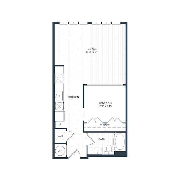A drawing of a floor plan for A2's layout with bedroom, living area, and bathroom