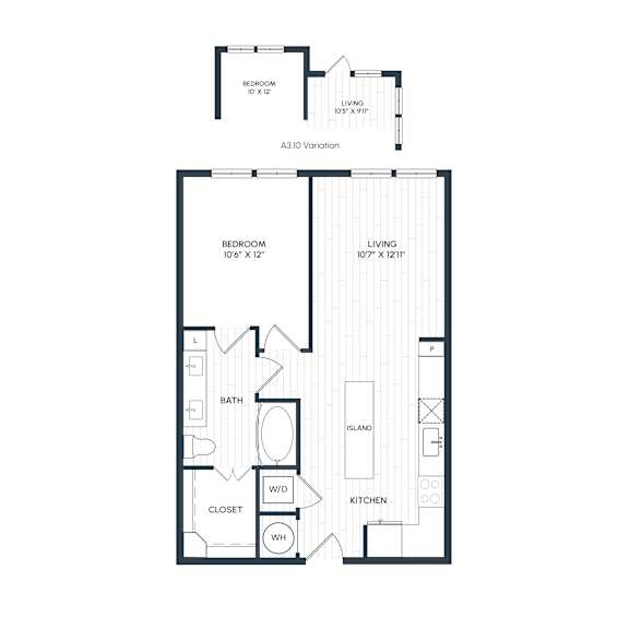 A floor plan of A3.4-3.16 with a bedroom, a living room, a bathroom, an island, a kitchen, a closet, and a pantry. 3.10 has an alternate bedroom and living room layout that is slightly smaller