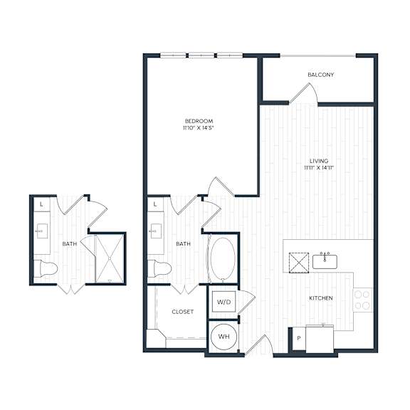 A black and white floor plan of A4's layout with a balcony, two bathrooms, a living room, a kitchen, a closet, and a walk-in closet.