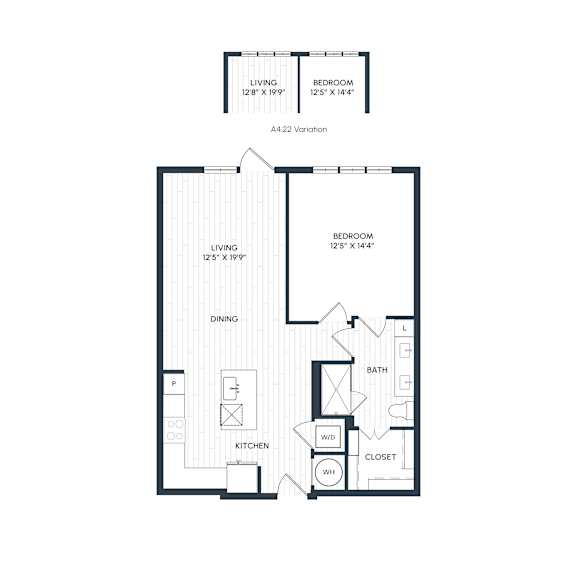 A floor plan of A4.20-4.22 with two bedrooms, a living room, a dining room, a kitchen, a bathroom, a closet, and a laundry room. A4.22 has an alternate layout with a slightly larger living room