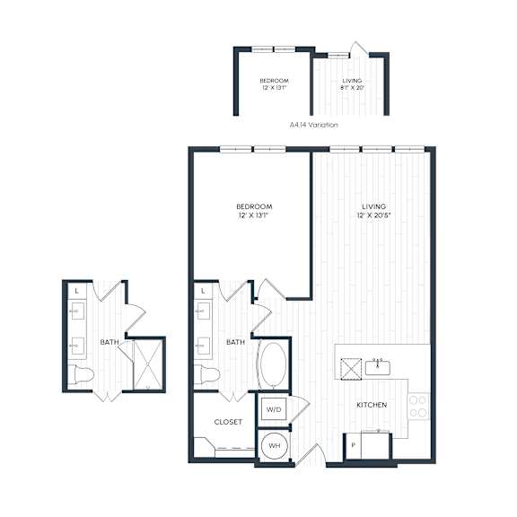 A floor plan of A4.5-4.19 with a living room, two bedrooms, a bathroom, a kitchen, a closet, and a laundry closet. A4.14 has a differing living room that is slightly smaller in square footage