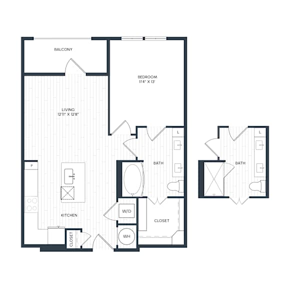 A black and white floor plan of A5's layout with a bedroom, bathroom, living room, and balcony.