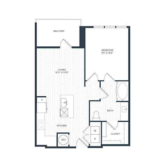 A black and white image of a floor plan for A5.11 with a living room, bedroom, bathroom, and balcony