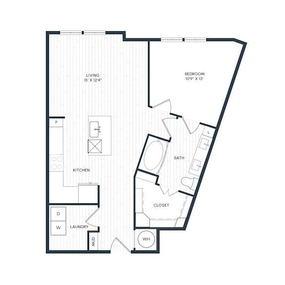 A floor plan of a house with a living room, bedroom, closet, bathroom, kitchen, and laundry closet