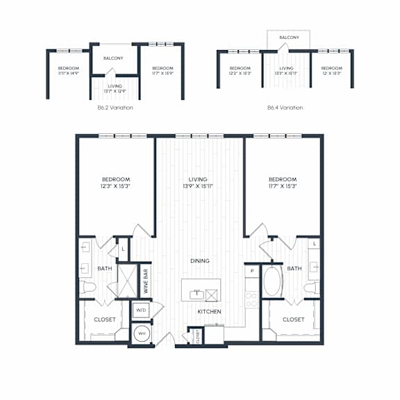 A black and white image of two floor plans for a house with two bedrooms and two bathrooms.