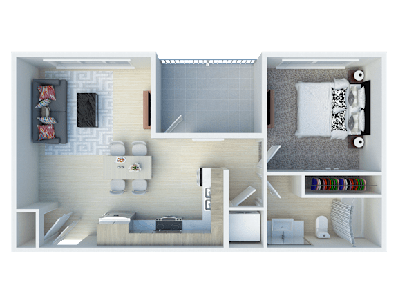 A 3D floor plan of a small apartment with a living room, kitchen, and bedroom.