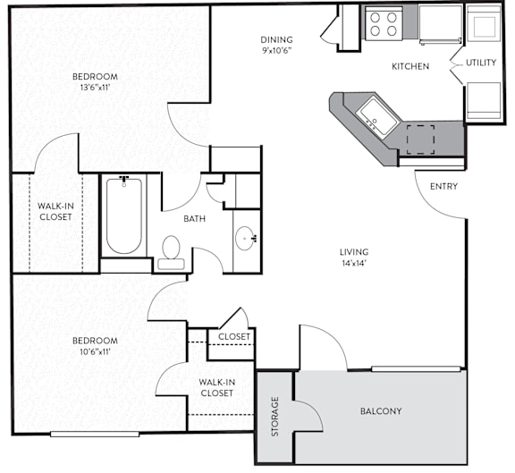 A floor plan of a home with two bedrooms, a living area, a kitchen, a bathroom, a walk-in closet, a storage area, and a balcony.
