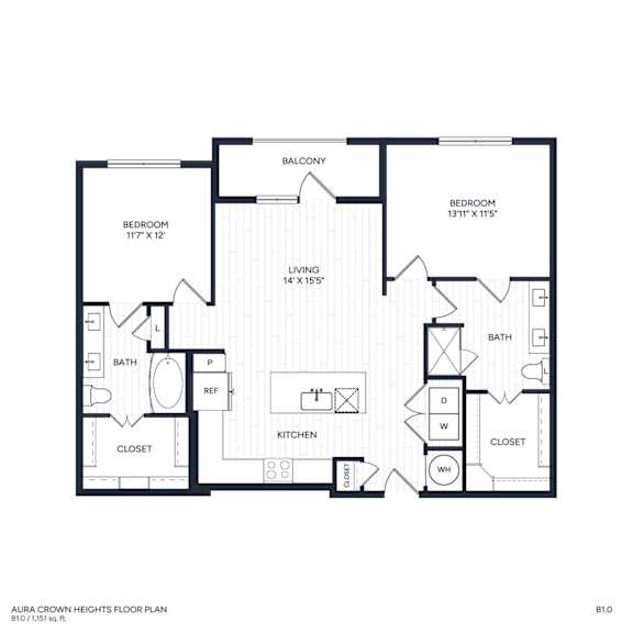 A floor plan of a home with a living room, kitchen, two bedrooms, and two bathrooms