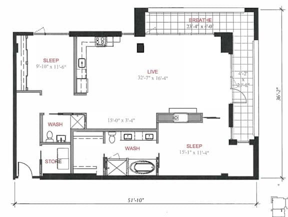A floor plan of a small apartment with a sleeping area, a living area, a bathroom, and a store.