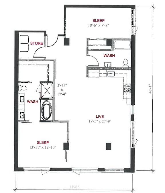 A floor plan of a small apartment with a sleeping area, a store, a wash area, and a live area.