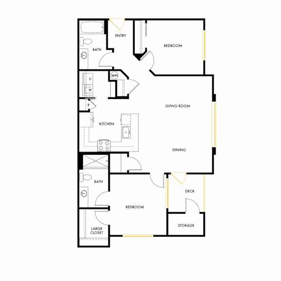 A floor plan of a house with a living room, dining room, kitchen, two bedrooms, a bathroom, a deck, a storage area, and a large closet.