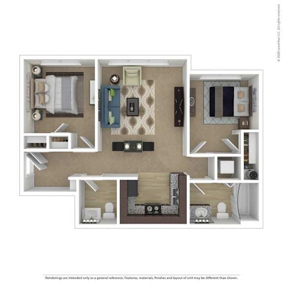 A 3D floor plan of a house layout.