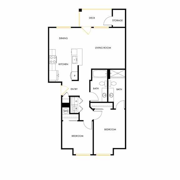A floor plan of a house with labeled rooms such as kitchen, living room, and bedroom.