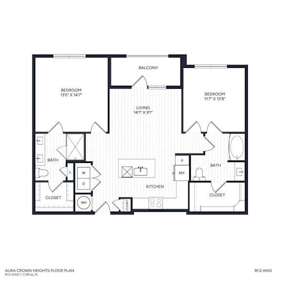 A floor plan of a home with two bedrooms, a living room, two bathrooms, a kitchen, and a closet.