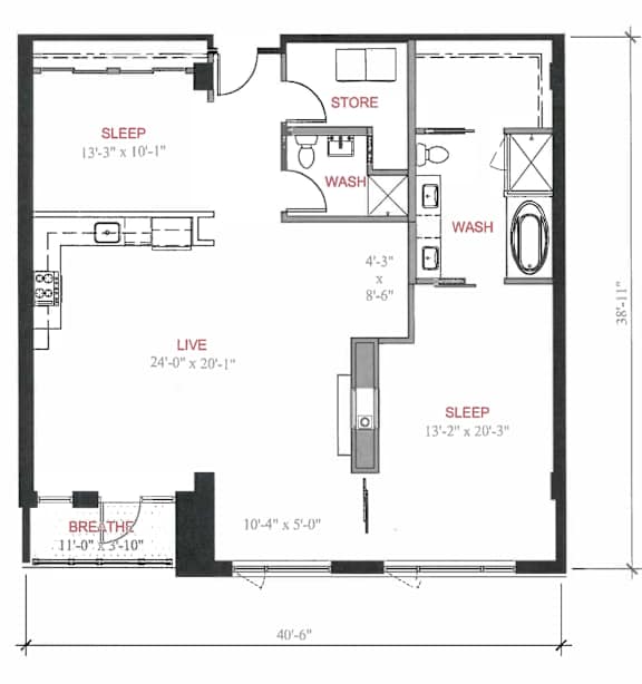 A floor plan of a small apartment with a sleeping area, a store, a wash area, a live area, and a breathe area.