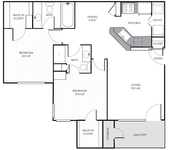 A black and white image of a floor plan for a home with three bedrooms, a living room, a dining room, a kitchen, a walk-in closet, a balcony, and storage.