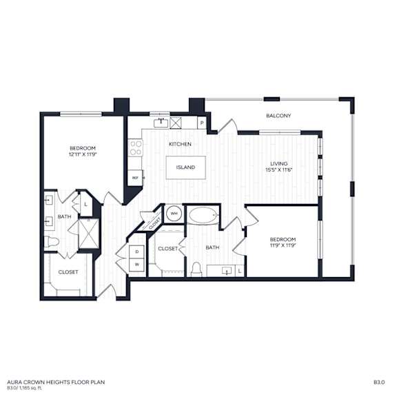 A floor plan of a home with a living room, two bedrooms, two bathrooms, a kitchen, and an island.