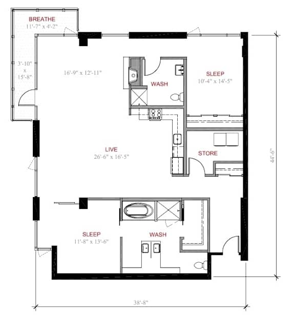A black and white image of a floor plan for a small apartment.