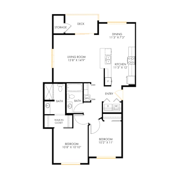 A floor plan of a house with a living room, dining room, kitchen, two bedrooms, a bath, and a walk-in closet.