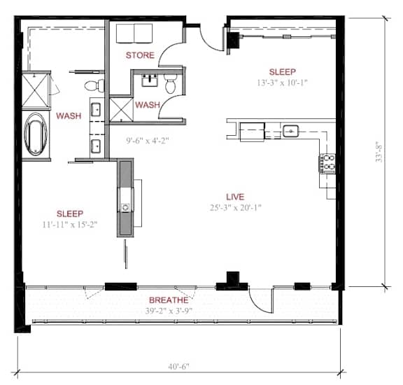 A floor plan of a small apartment with a sleeping area, a washroom, a store, a live area, and a breathe area.