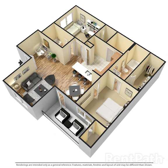 Villas at Meadow Springs 2x2 D 3D Floor Plan