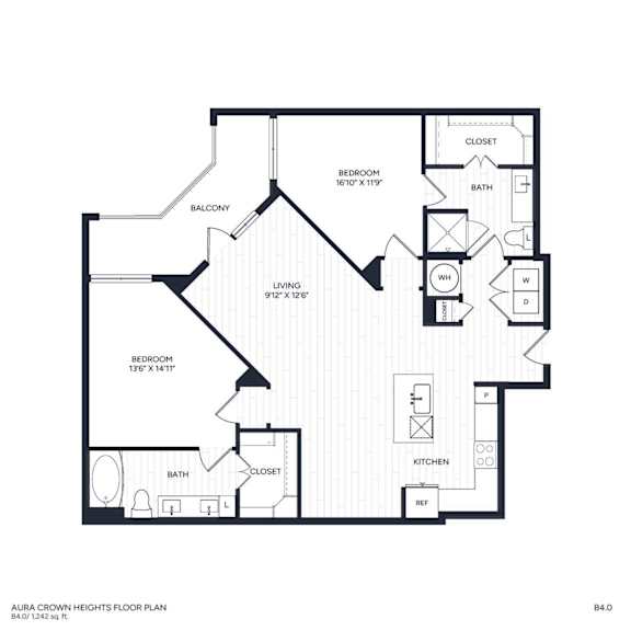 A floor plan of B4's layout for Aura Crown Heights with 2 bedrooms, 2 bathrooms, and a balcony