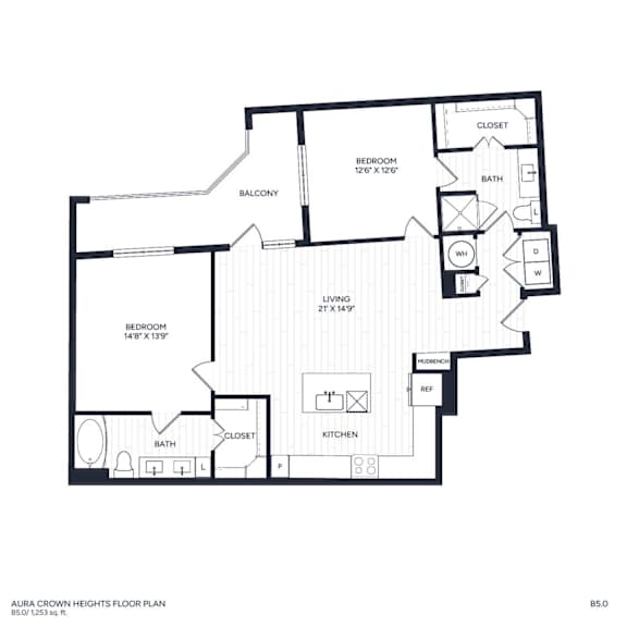 A floor plan of B5's layout with a living room, two bedrooms, two bathrooms, and a kitchen