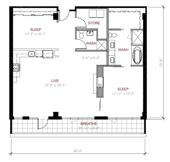 A floor plan of a small house with a sleeping area, a store, a washroom, a live area, and a breathe area.