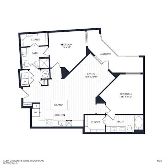 A floor plan of B6's layout with a living room, two bedrooms, two bathrooms, a kitchen, and an island.