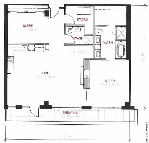 A floor plan of a small apartment with a sleeping area, a living area, a store, and a bathroom.