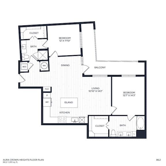 A floor plan of a two bedroom apartment home with a living room, dining room, kitchen, and two bathrooms